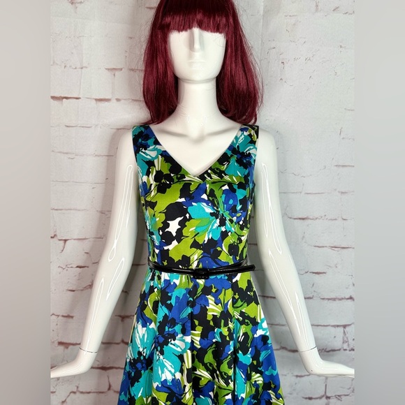 DAVID MEISTER Belted Fit & Flare Blue Green Floral Cocktail Party Dress Size 2 - Picture 5 of 16